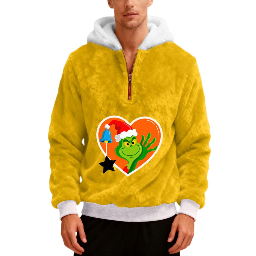 Pánská plyšová mikina s kapucí a polovičním zipem