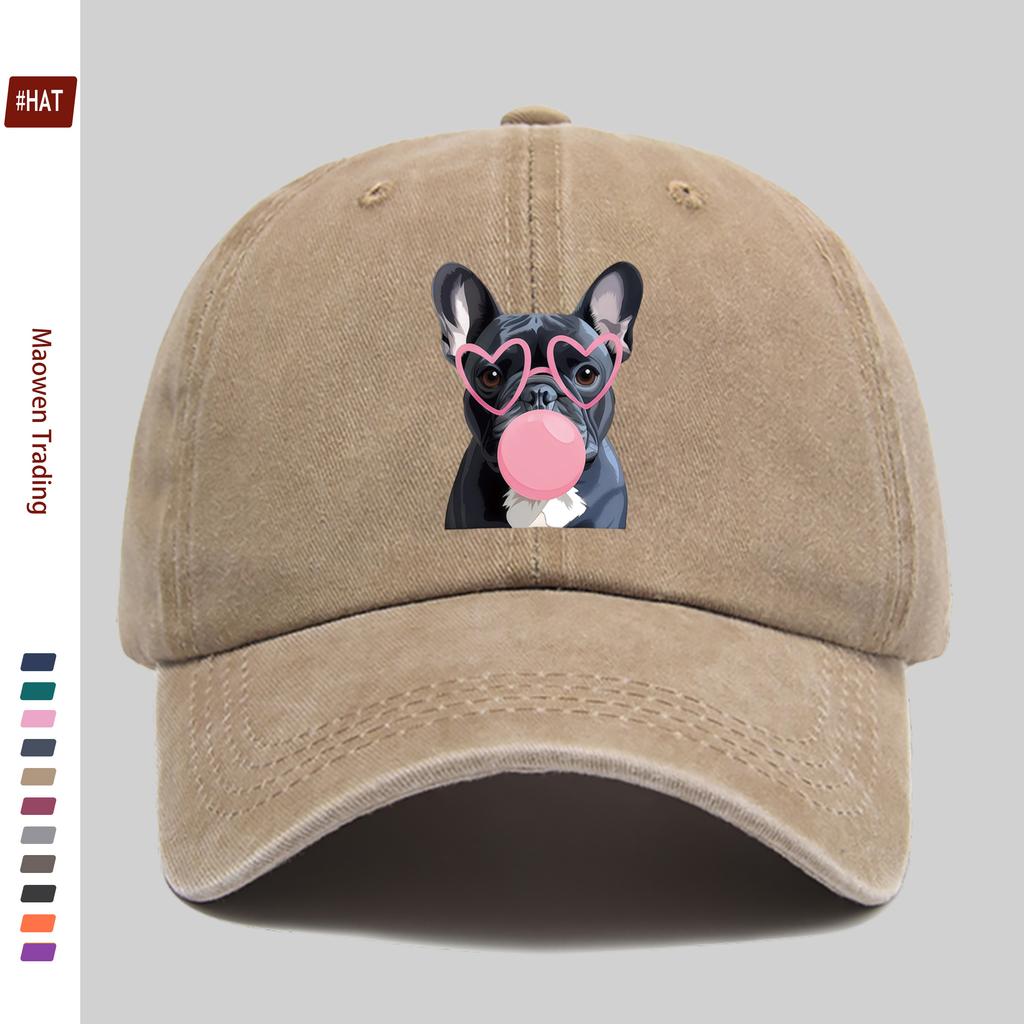Pc French Bulldog Baseball Cap with Pink Heart Glasses Bubble Gum Print Adjustable Strap Lightweight Suitable for Dating