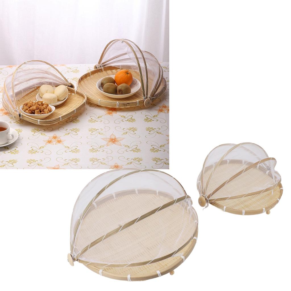 2Pcs Food Serving Tent Basket Fly Skeeter Insect Resistant Bamboo Basket With Dish Mesh Cover