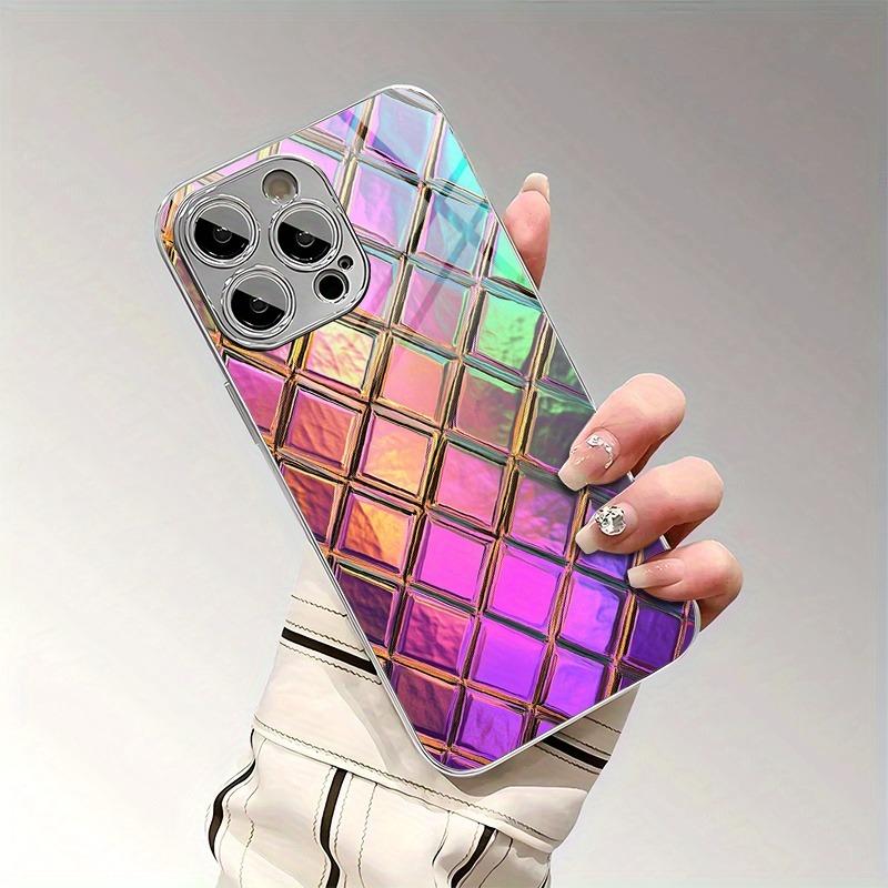 Neon Kleur Raster Ruit Patroon Glas Galvanisch Behandeld Telefoonhoesje Voor iPhone 17 Pro Max 16 15 14 13 12 11 Plus 16E 17 Air Cover