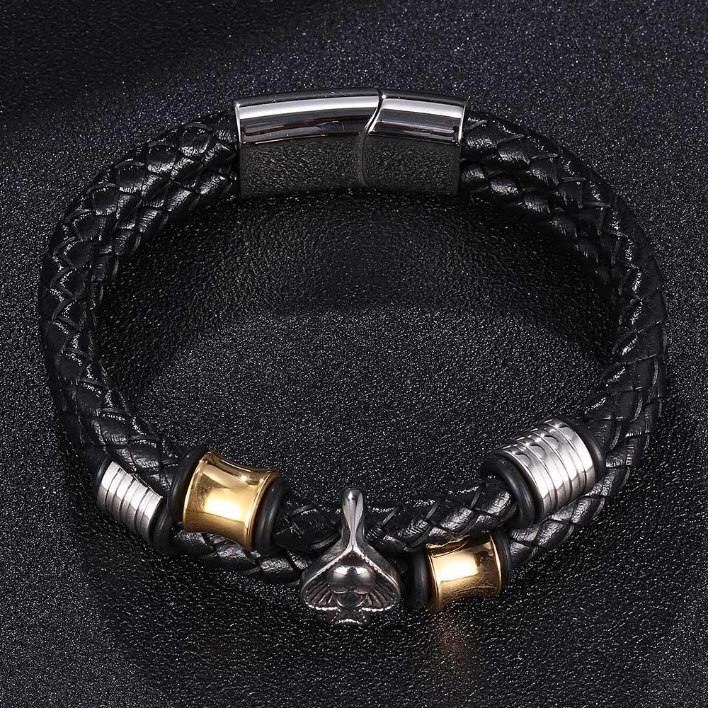 European & American Men's Woven Leather & Stainless Steel Bracelet