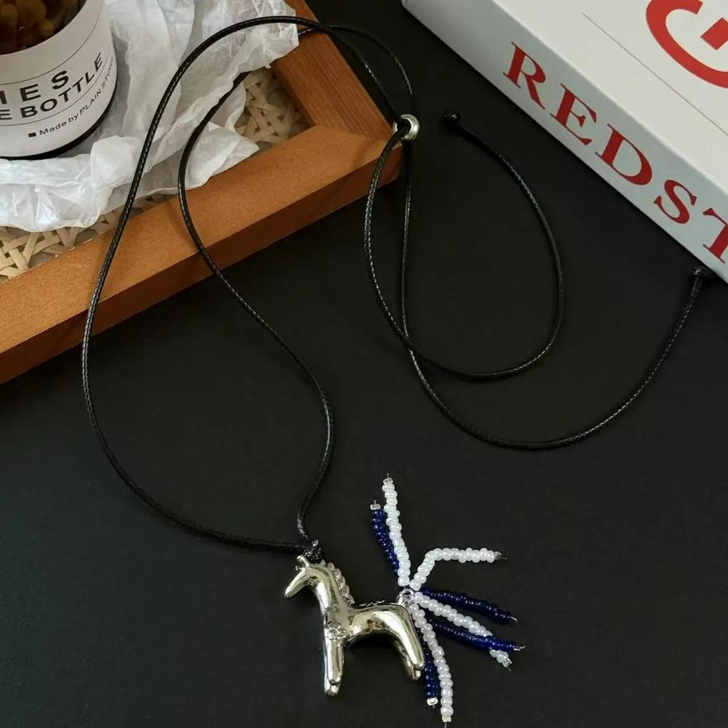 Hot Sale Horse Charm Pendant Necklace for Women Simple Adjustable Long Black Rope Sweater Chain Fashion Accessory 2026 Gifts