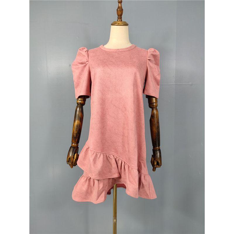 Export Single 2025 Fall and Winter New Arrival Suede Fabric Puff Short Sleeve Loose Plaid Dress Asymmetric Skirt