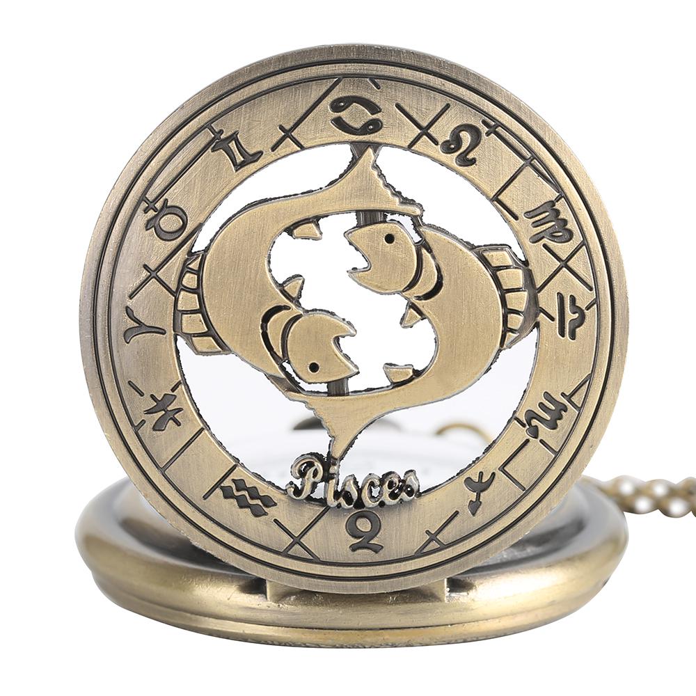 Fashion Zodiac Constellation Pisces Retro Pocket Watches with Chain for Man's Women's Gifts