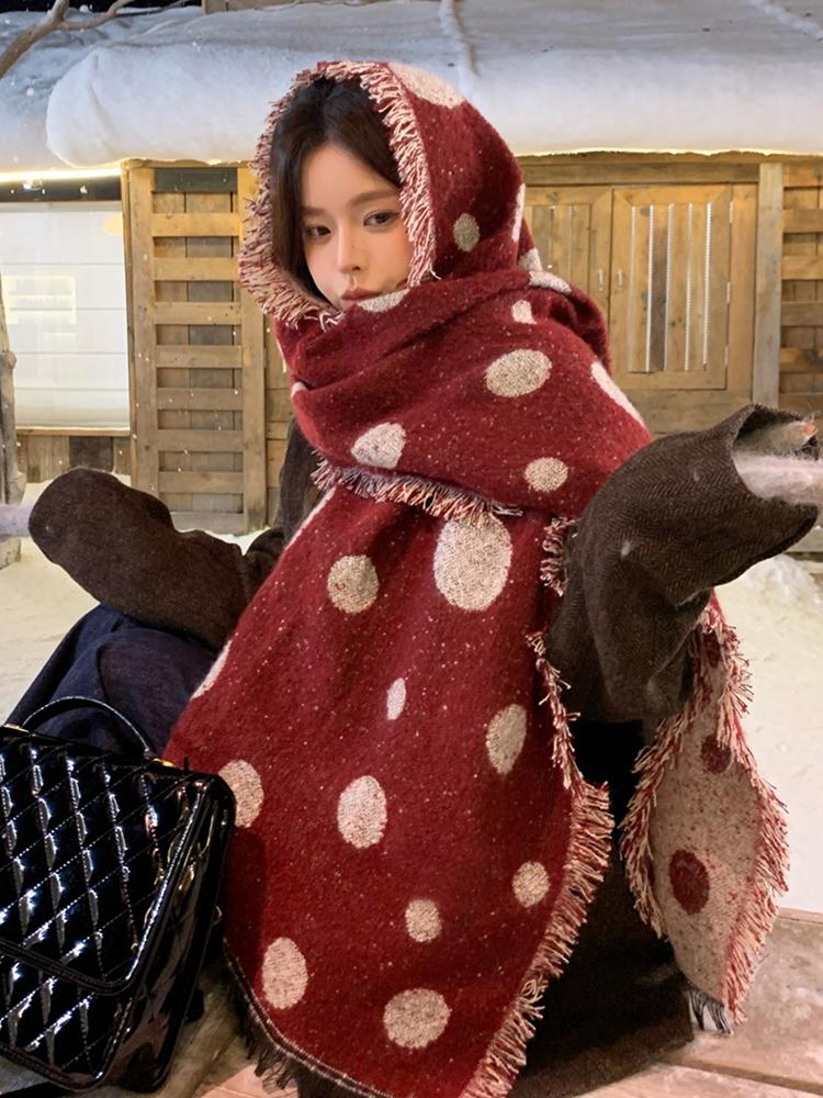 Retro Dot Print Fashion Winter Women Knitted Scarf Headscarf Casual Preppy Tassel Scarve Lady Mujer Thick Wrap Shawl Korean New