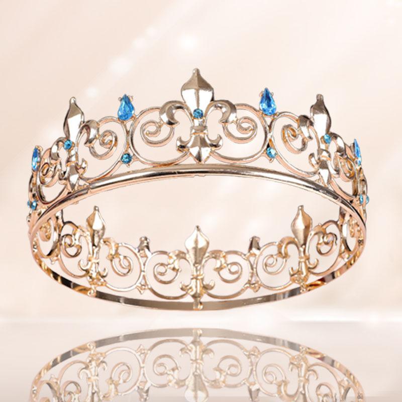 Baroque Fashion Alloy Crystal Crown Men's Full Round Crown Birthday Party Prom Men's Crown Tiara Crown