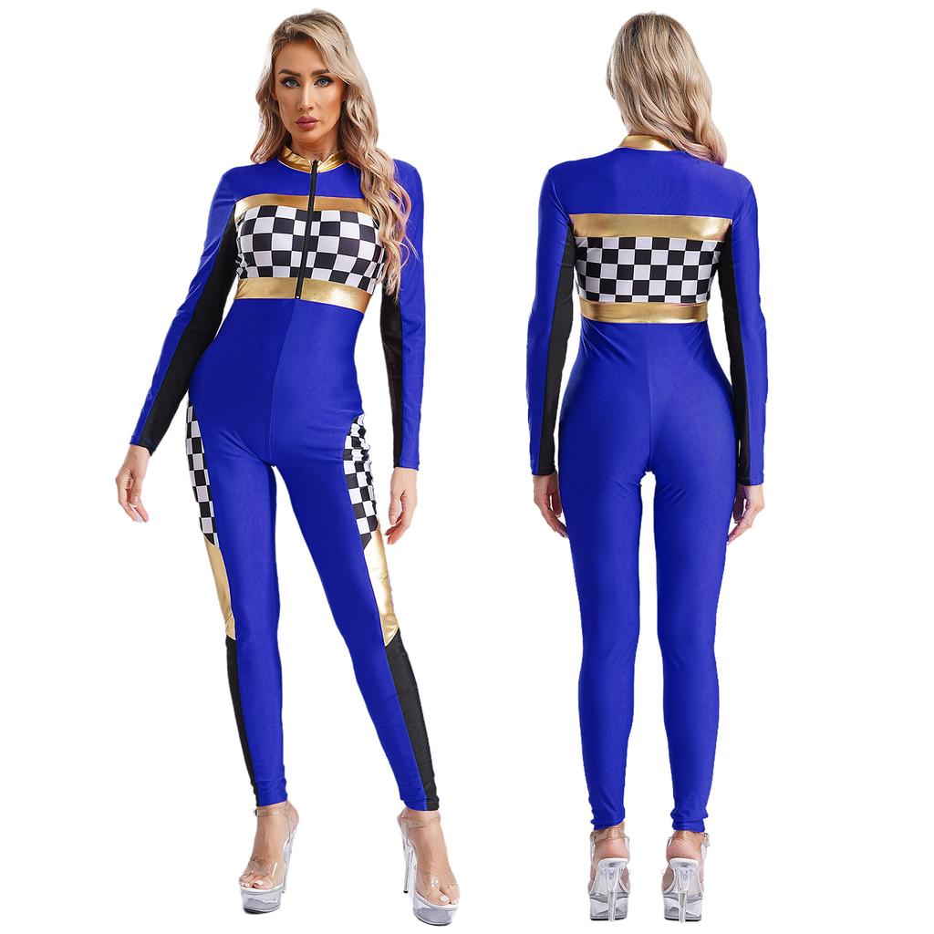 Womens Checkerboard Racing Jumpsuit Long Sleeve Plaid Romper Racer Driver Cosplay Costume