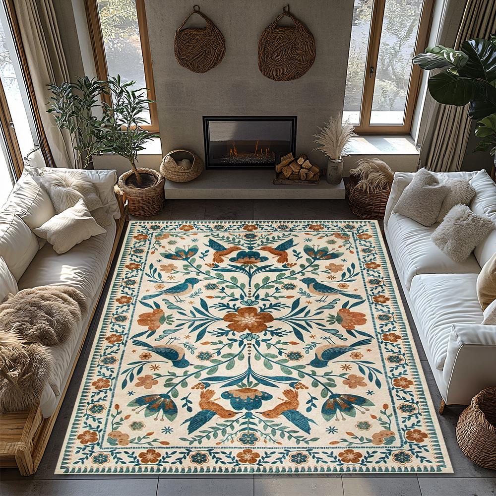 Cream Blue Green Floral Bohemian Rug, Orange Accent Non-Slip Living Room Carpet, Soft Vintage Style Home Decor Mat
