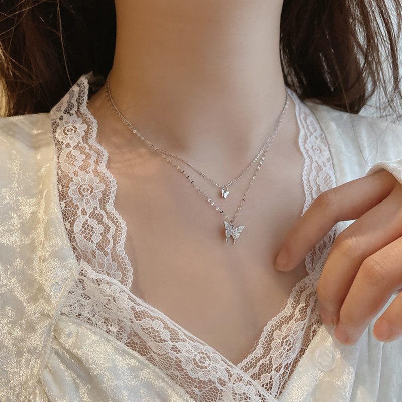 New Shiny Silver Butterfly Necklace Exquisite Double Layer Clavicle Chain Fashion Jewelry Gift for Women