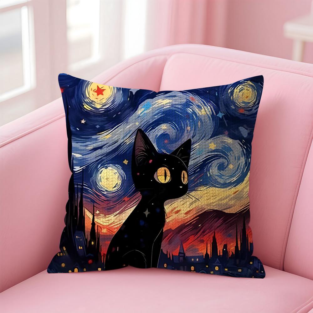 The Starry Night Cat Cushion Cover Natural Linen Pillow Case Double-Sided Print Decorative Sofa Pillowcase Home Decor Gift