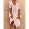 Solid Color V-neck Short Sleeve Dress Women Solid Color and V-neck Short Sleeve Dress