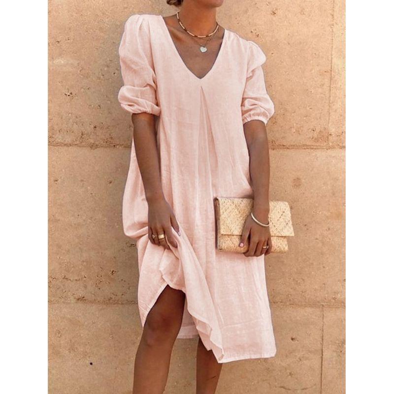 Solid Color V-neck Short Sleeve Dress Women Solid Color and V-neck Short Sleeve Dress