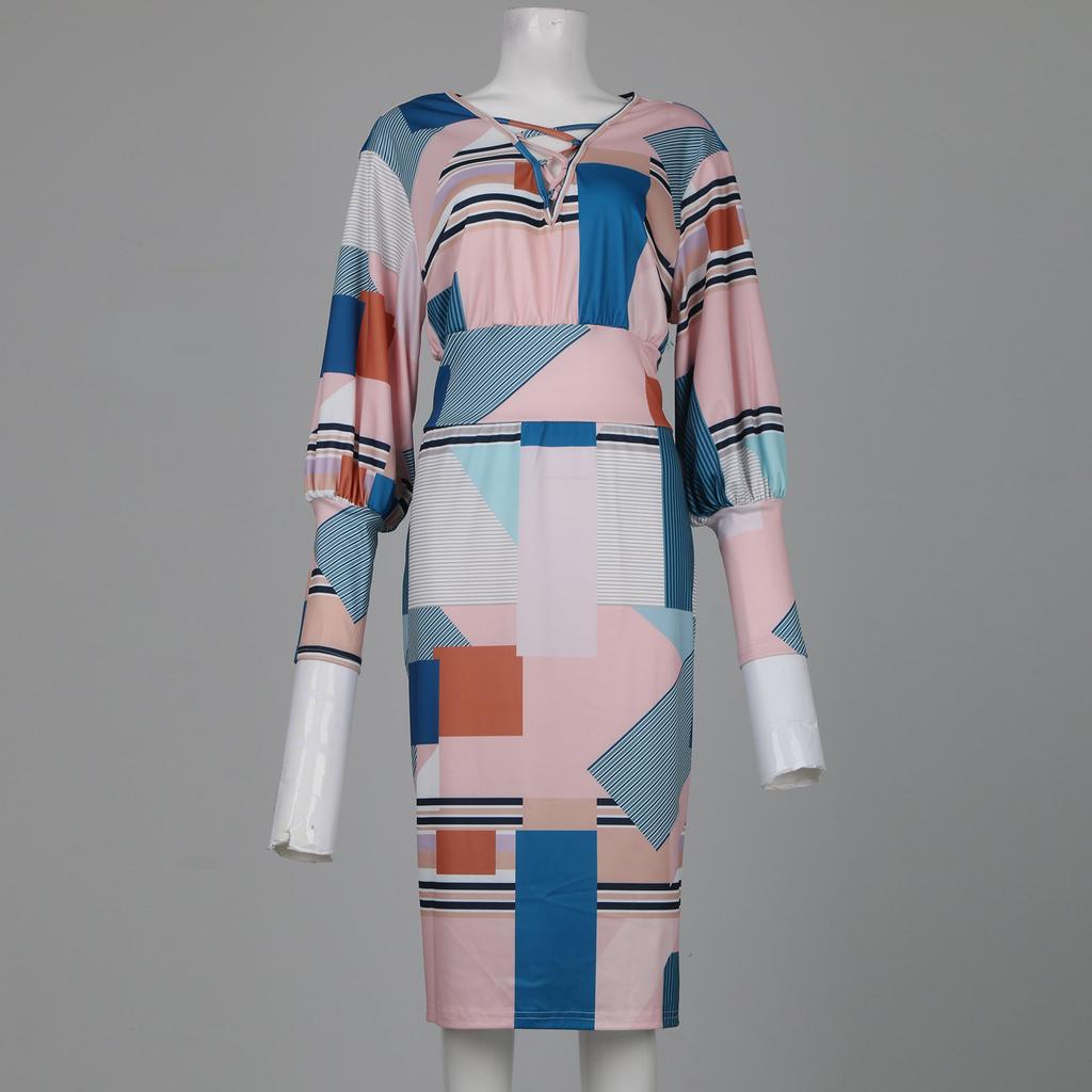 Women's Fashion V-Neck Hollow Long Sleeve Sleeve Printed Dress