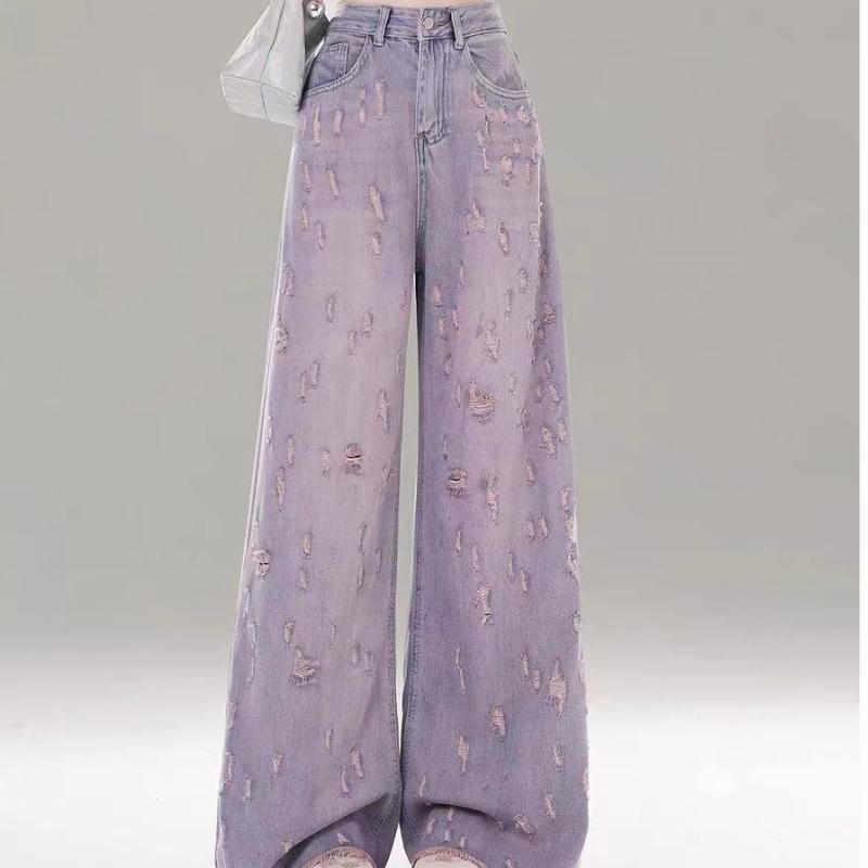 Damen Sommer High-Waist Wide-Leg Jeans - Rosa Lila Distressed Ausgefranster Saum, Fließende Bodenlange Denimhose