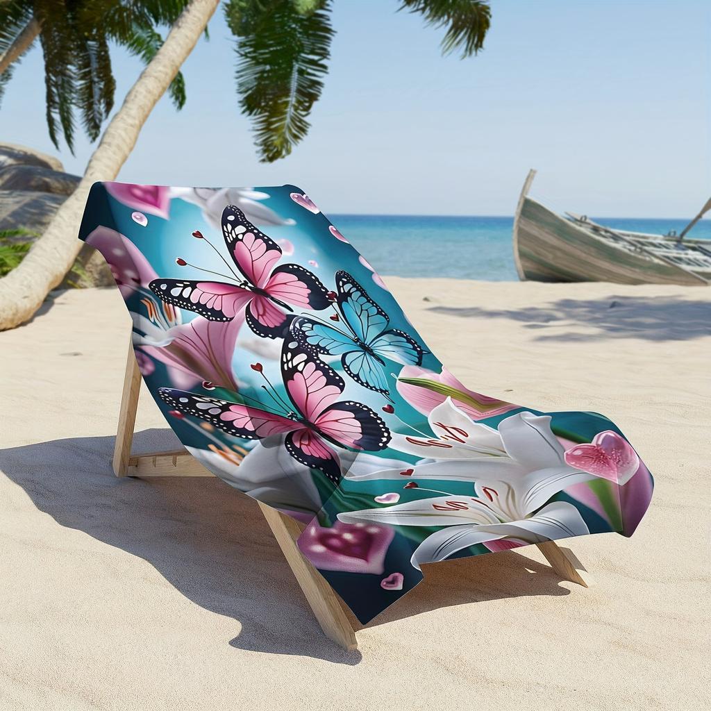 Pink Blue Butterfly Lily Print Quick Dry Microfiber Beach Towel Insect Absorbent Oversized Towel for Summer Swim and Pool Use