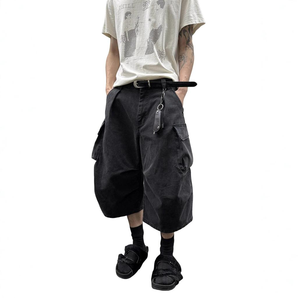Casual pants versatile men's cropped pants loose black summer street trend wide-leg shorts multi-pocket spot others