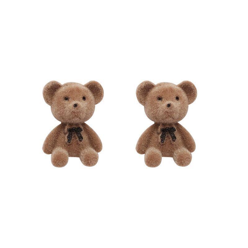 S925 Silver Needle Flocked Bow Bear Earrings - Cute Plush Earrings for Autumn & Winter