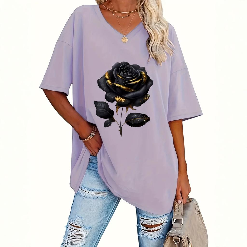 1116 European and American new summer large size rose print casual V-neck short-sleeved T-shirt