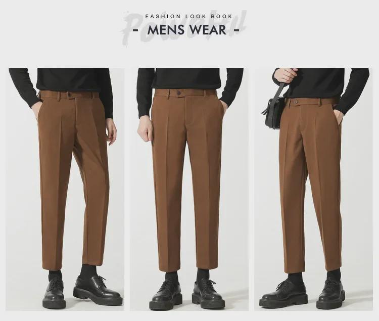 Men’s Casual Woolen Nine-Point Trousers - Autumn Business Loose Fit, Solid Color, Trendy Design.