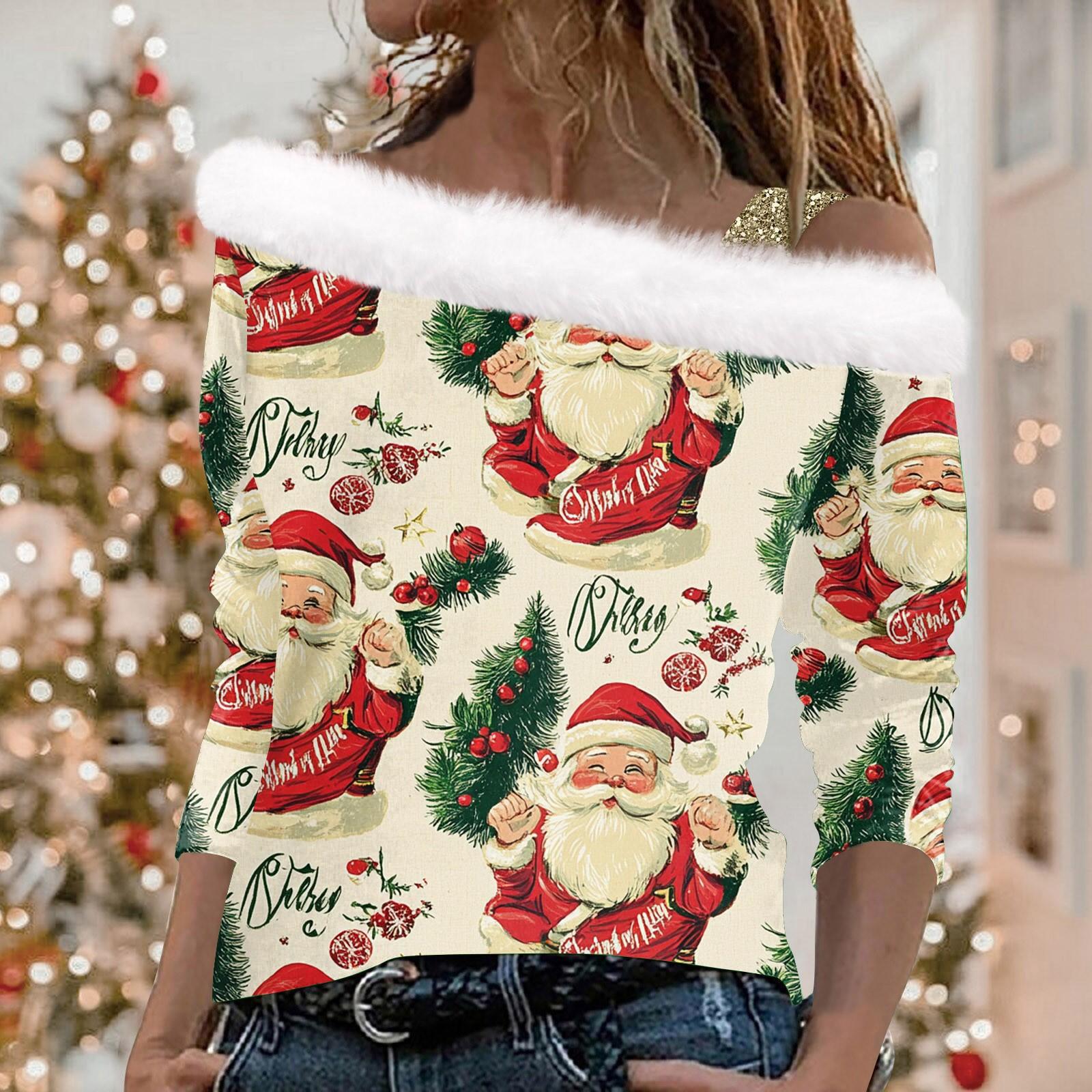 Женский повседневный модный топ с длинными рукавами и открытыми плечами с рождественским — фото 12