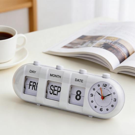 Perpetual Desk Calendar with Clock Vintage Manual Flip Calendar Digital Alarm Clock with Day Month Date Display for Home Office Desk Shelf Decor