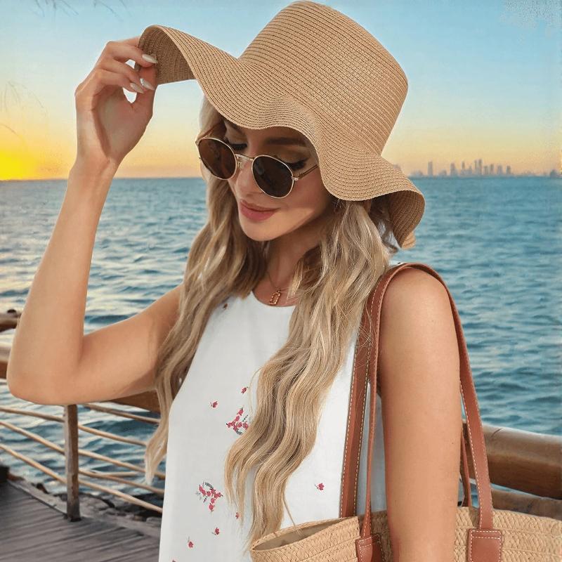 1 Conjunto Chapéu de Sol Estilo Boêmio Feminino + 1 Bolsa de Ombro, Estilo Férias, Chapéu de Palha de Ombro Bolsa Tote de Praia para Viagem de Verão Férias