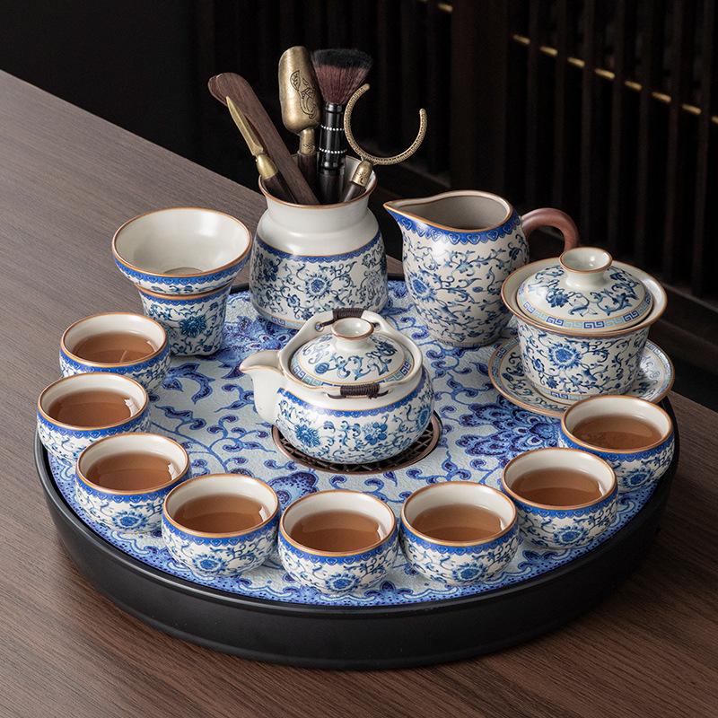 New Ru kiln ceramic kung fu tea set, a complete set of tea table, home living room office teapot, tea cup drinking set