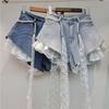 Blaue Jeansshorts Damen Denimshorts Patchwork Rüsche Y2k mit Gürtel Jeans Koreanisches Mädchen Shorts Sommer Streetwear 2026