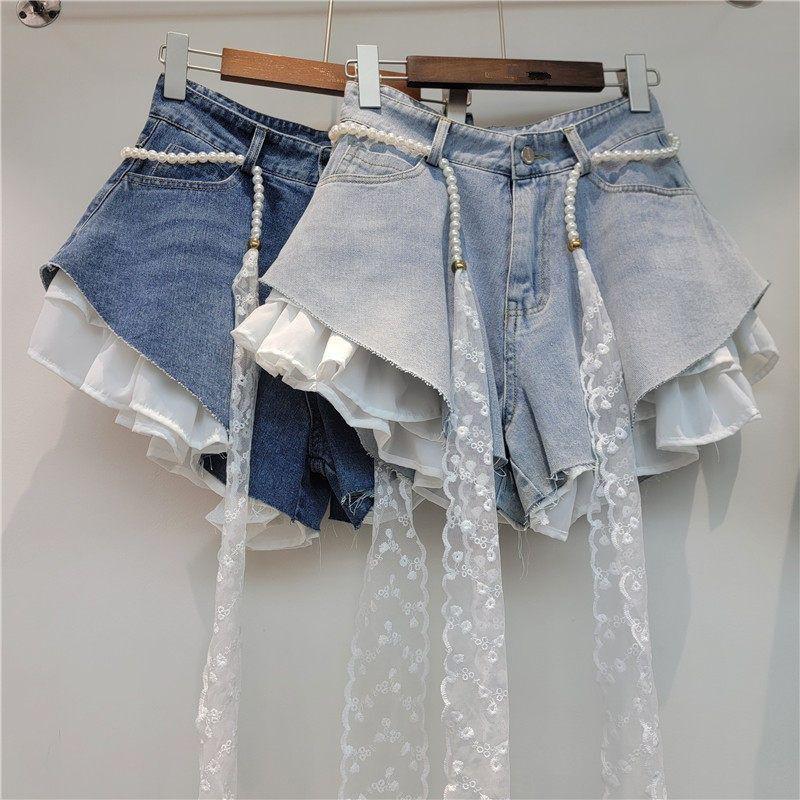 Blue Jean Shorts Women Denim Shorts Patchwork Ruffle Y2k with Belt Jeans Korean Girl Shorts Summer Streetwear 2026