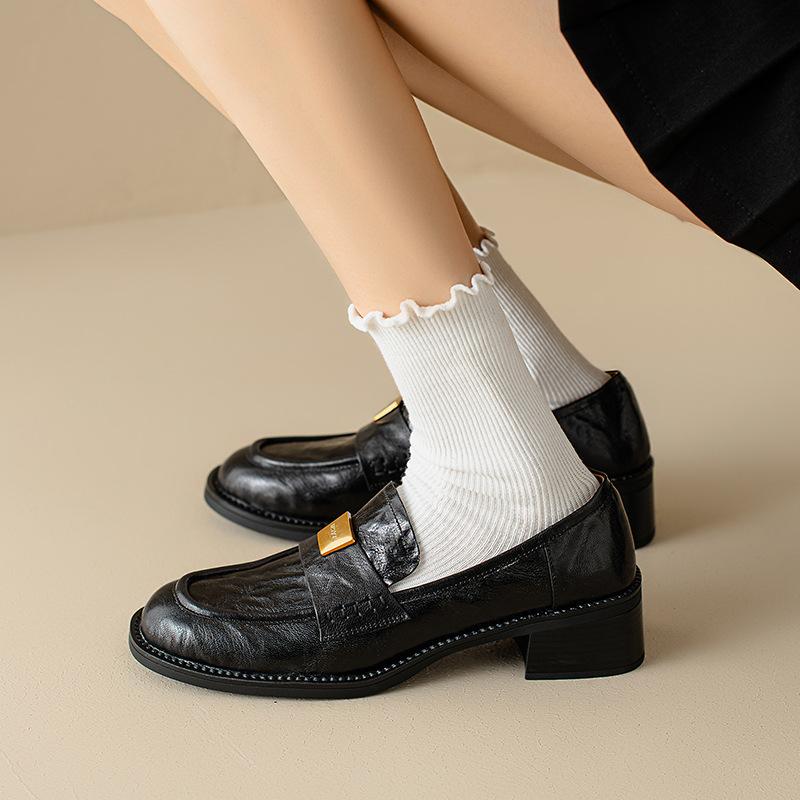Spot Lightning Hair~ Gold Buckle Round Head Heightening Loafers 2025 Spring and Summer Retro Sheepskin Thick Heel Single Shoes Main Push