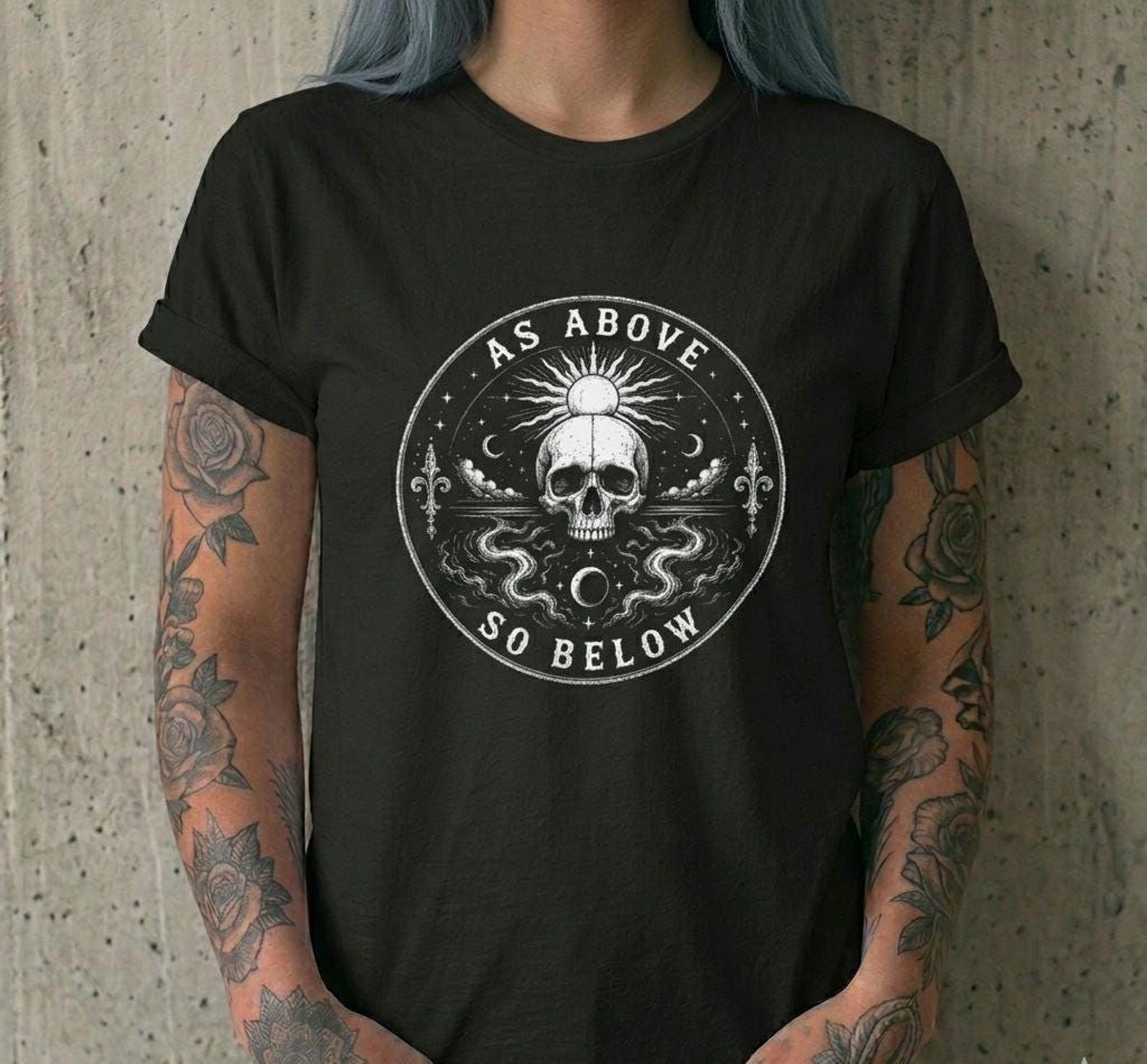 As Above So Below Shirt, Sun Moon Skull Hermetic Graphic Tee, Occult Alt Clothing, Comfort Colors Goth Gift 4XL