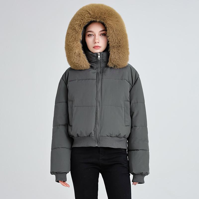 

Big fur collar hooded short cotton clothes women s new thickened warm waist cotton-padded jacket XXL серый