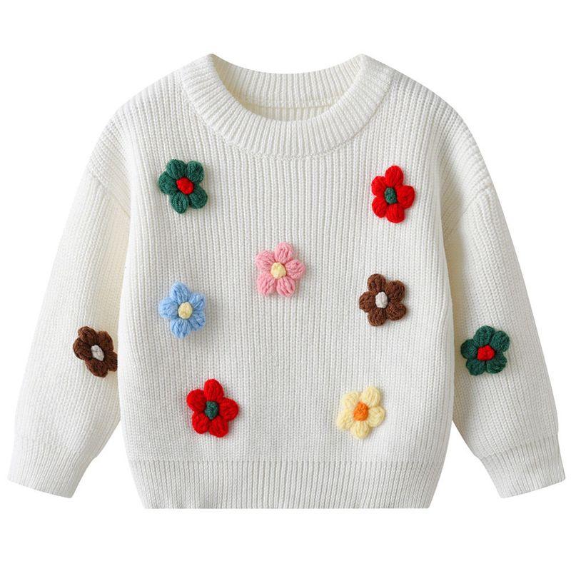 Autumn and Winter Children's Knitted Sweater, Cute Handmade Floral Cardigan for Girls, Long-Sleeved Round-Neck Jacket