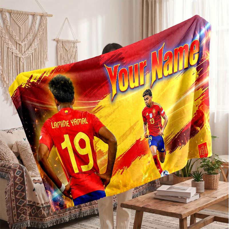 Coperta in pile personalizzata Lamine Yamal con logo del calcio, testo con nome personalizzato, morbida, calda, coperta da divano per la casa