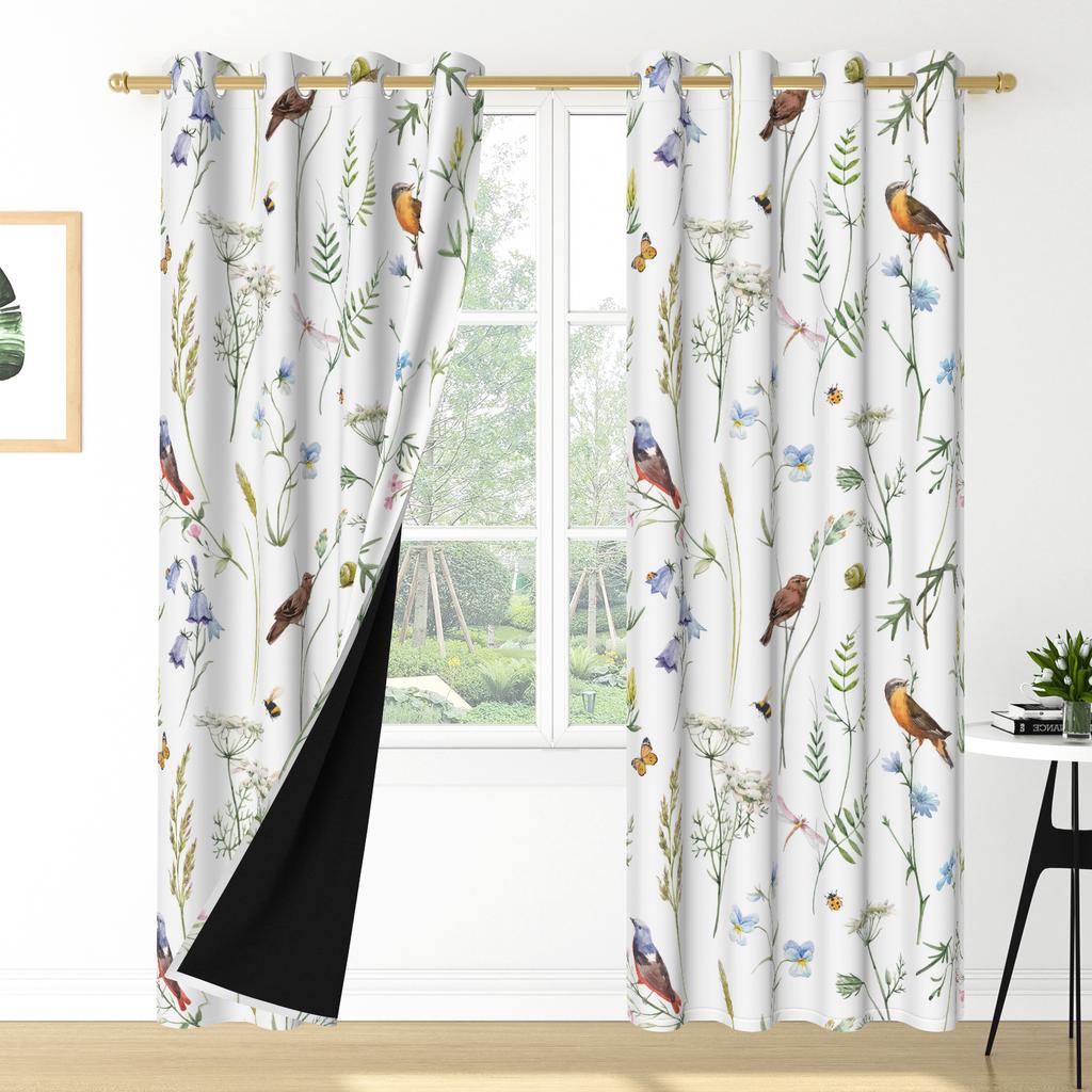 Set Of 2 Floral Pattern Curtains Botanical Design Bedroom Living Room Window Decor Home Drapes Darkening Made Polyester Treatment