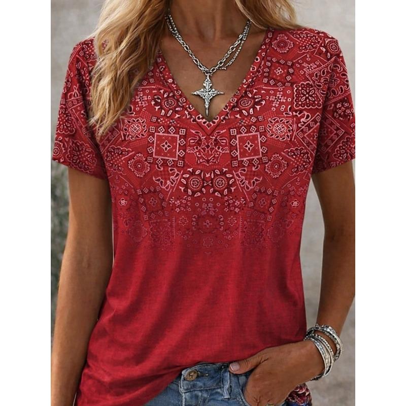 Women's T-Shirt Print Pattern Plant Color Gradient Retro Fashion Classic Short Sleeve V Neck Regular Top Summer Spring