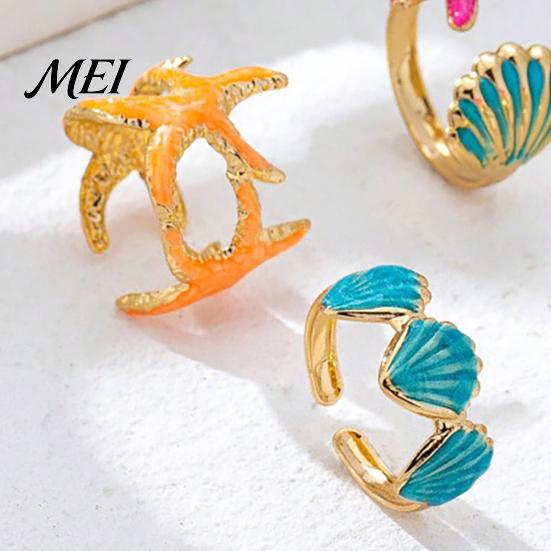 Open Design Rings 4Pcs/Set Ocean Series Ring Set, Multiple Styles Starfish Shell Enamel Coated Finger Ring, Alloy Adjustable Stacking for Jewelry Gift