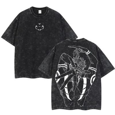 Jujutsu Kaisen Sukuna Washed T Shirt Vintage Anime Graphic Tee Unisex Cotton Top