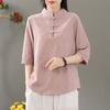Solid Chinese Style Loose New Elbow Sleeve Women's Clothing Button Stand Collar Thin Summer Simplicity Comfortable T-Shirts