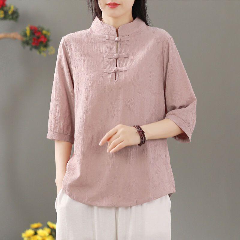 

Solid Chinese Style Loose New Elbow Sleeve Women s Clothing Button Stand Collar Thin Summer Simplicity Comfortable T-Shirts L рожевий
