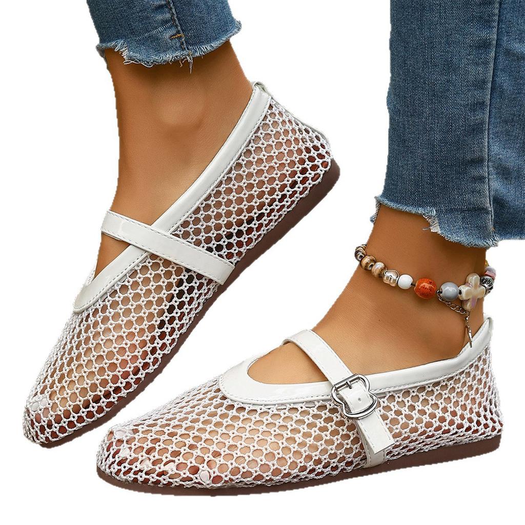 Breathable Soft Sole Flat Mary Jane Shoes for Women Summer Mesh Hollow Out Slip On Casual Footwear with Adjustable Buckle Strap