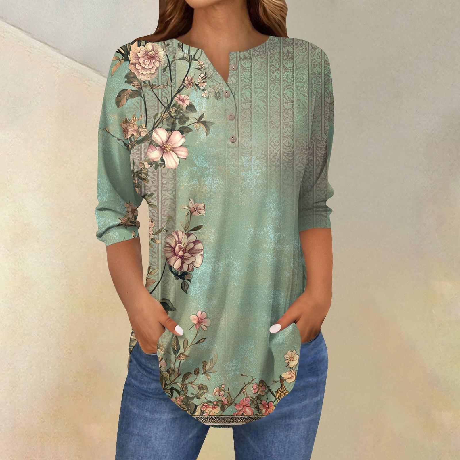 

Жіноча футболка з вінтажним квітковим принтом і три чверті з коміром із ґудзиками XXXL