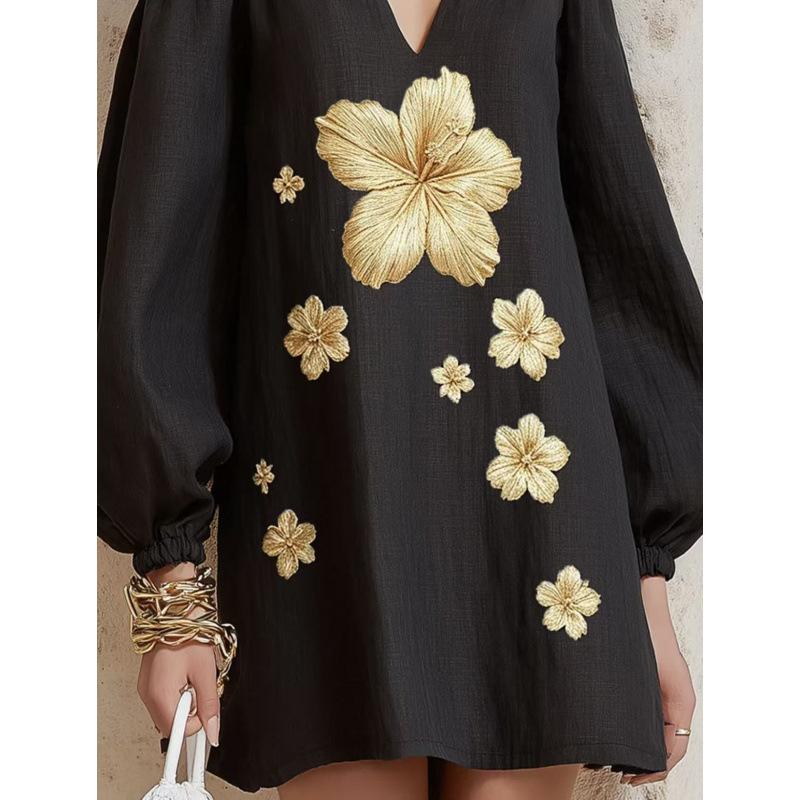 European and American New Elegant Flower Lantern Sleeve Short Dress