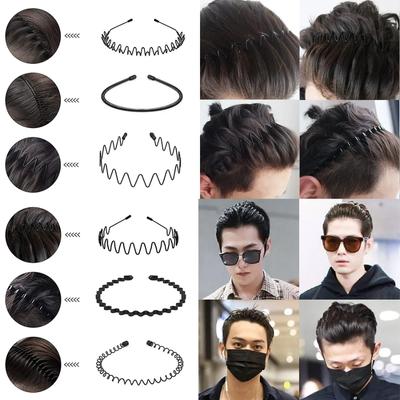 3/6 Pcs Unisex Hair Band Metal Hair Hoop Black Spring Non-Slip Men Women Sports Fashion Headwear (Spring Wave)