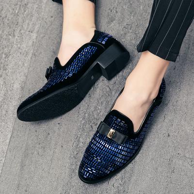 Men Rhinestone Blue Slip-on Shoe Luxury Brand Shoes Men Pointed Toe Blue Silver Leather Slip On Flat Shoes for Male Party Shoes