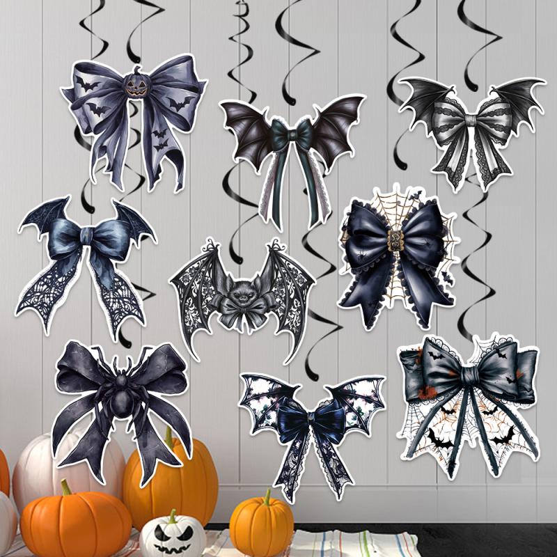 9Pcs/Set Happy Halloween Party Decoration Spiral Hanging Black Spider Bow Charm Pendant Decoration
