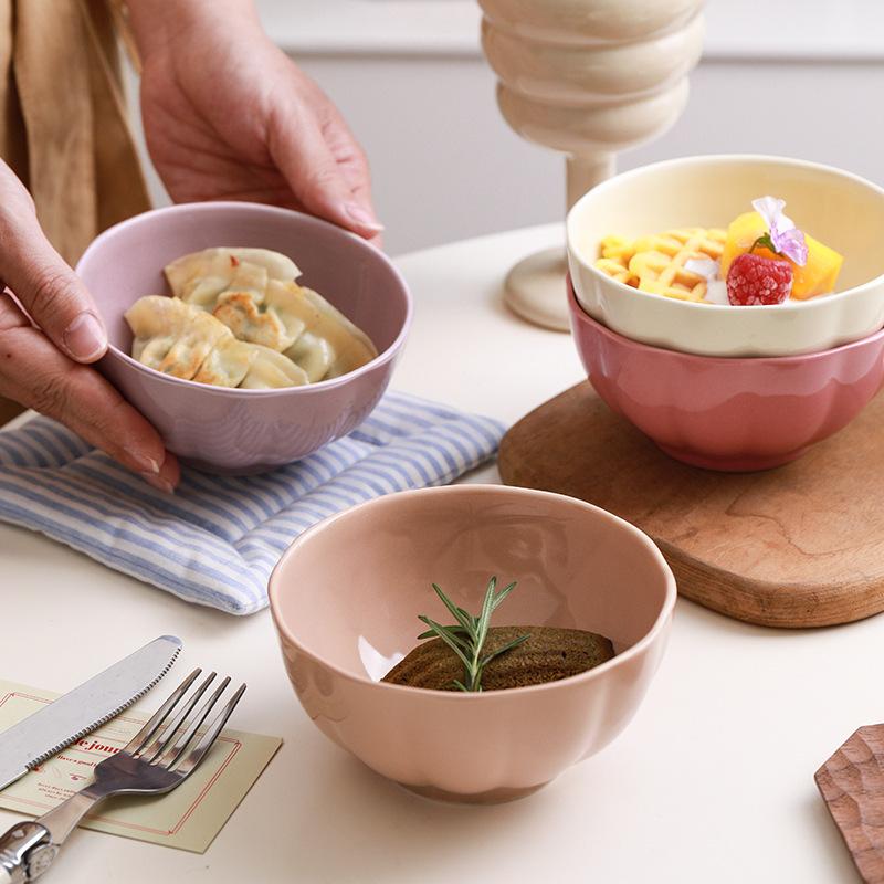 Creative Nordic Style Ceramic Lotus Bowl Household Color Glaze Tableware Cute Pumpkin Rice Bowl Noodle Bowl Breakfast Dessert Bowl