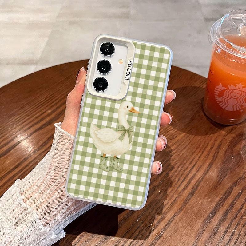 For Samsung Galaxy S24 S23 Ultra Plus FE S25 S22 Ultra Plus S21 FE Laser Phone Case Checkered Grid Cute Animals Pattern Covers