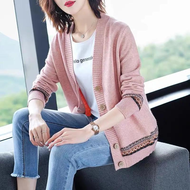 Sweater Coat Ladies Retro Jacquard Knitwear Cardigan Jacket Early Spring Autumn Western-Style Outerwear Loose Women Top