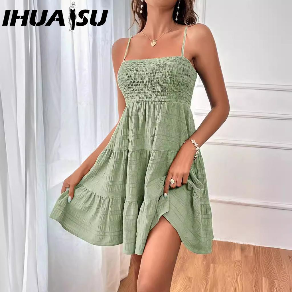 IHUASU Women's Summer One-line Neck Fine Strap Solid Color Matching Texture Dress